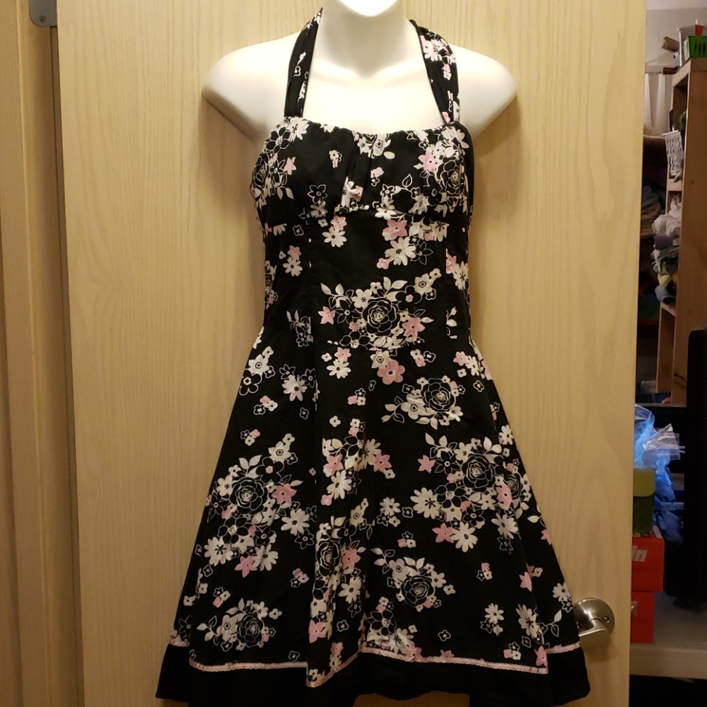 Halter Dress Pink White Flower Black Dress